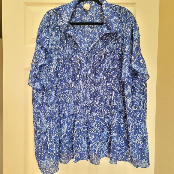 Covington 20-22 W plus size womens royal blue floral pleated blouse breezy Semi- - Picture 1 of 6